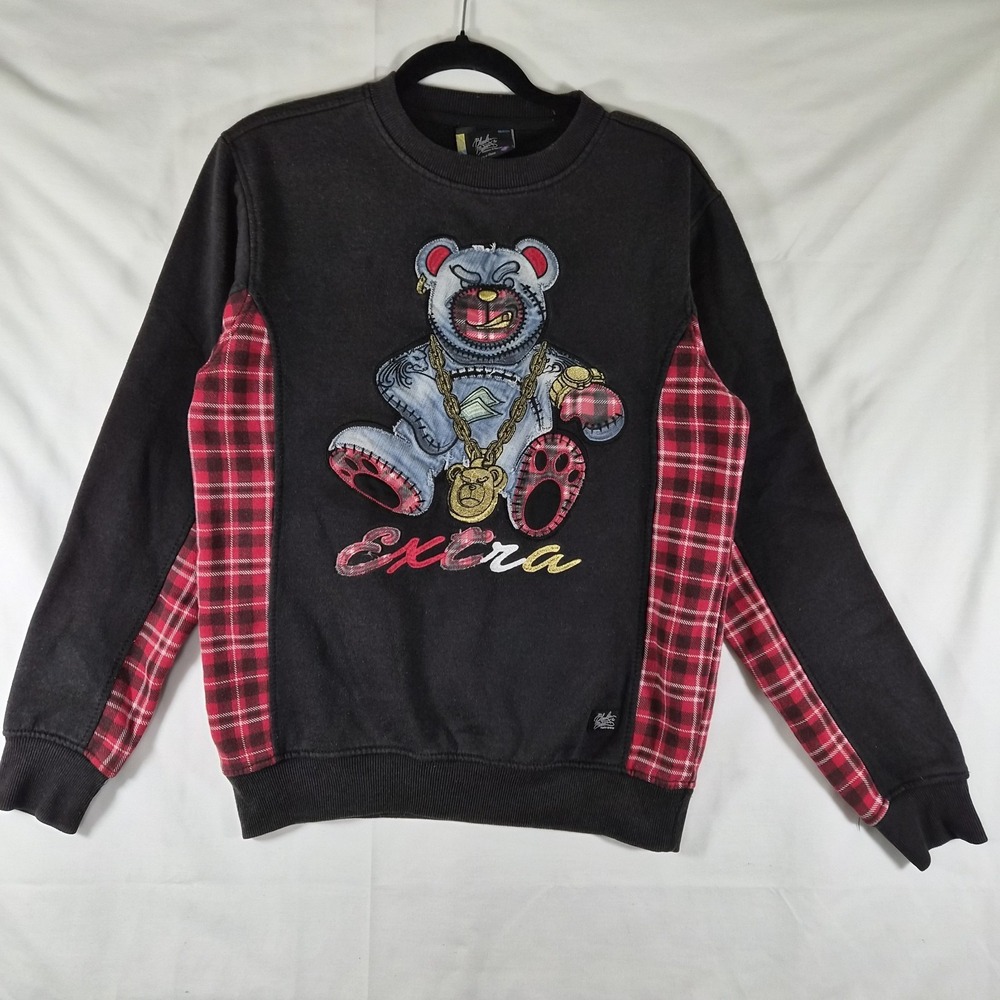 Y2K‎ Bleeker & Mercer Extra Teddy Bear Plaid Crewneck Sweatshirt Mens Small
